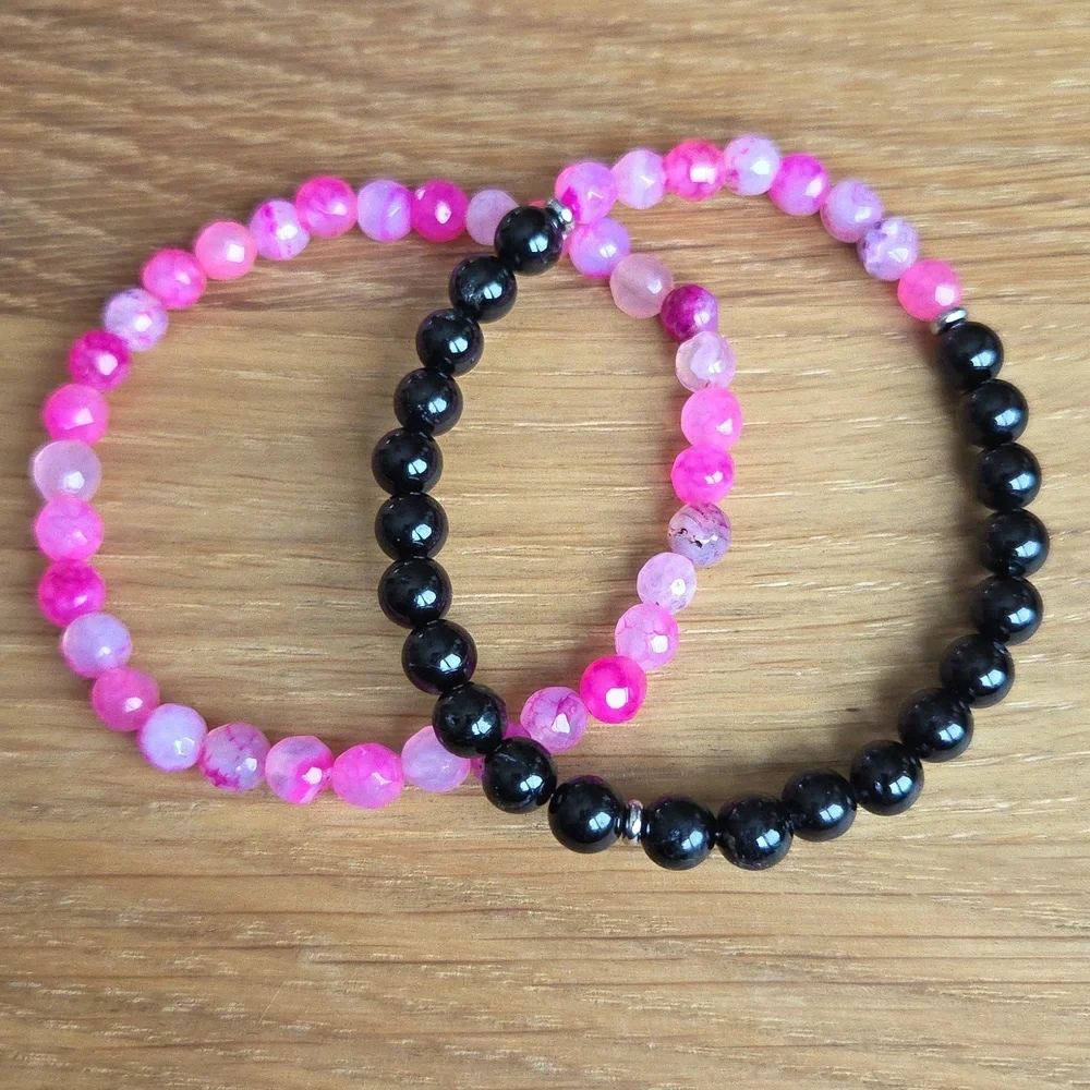 Pink Botswana Agate & Black Onyx Beads Bracelet Set, Stretch, Hand Crafted - Picture 5 of 9